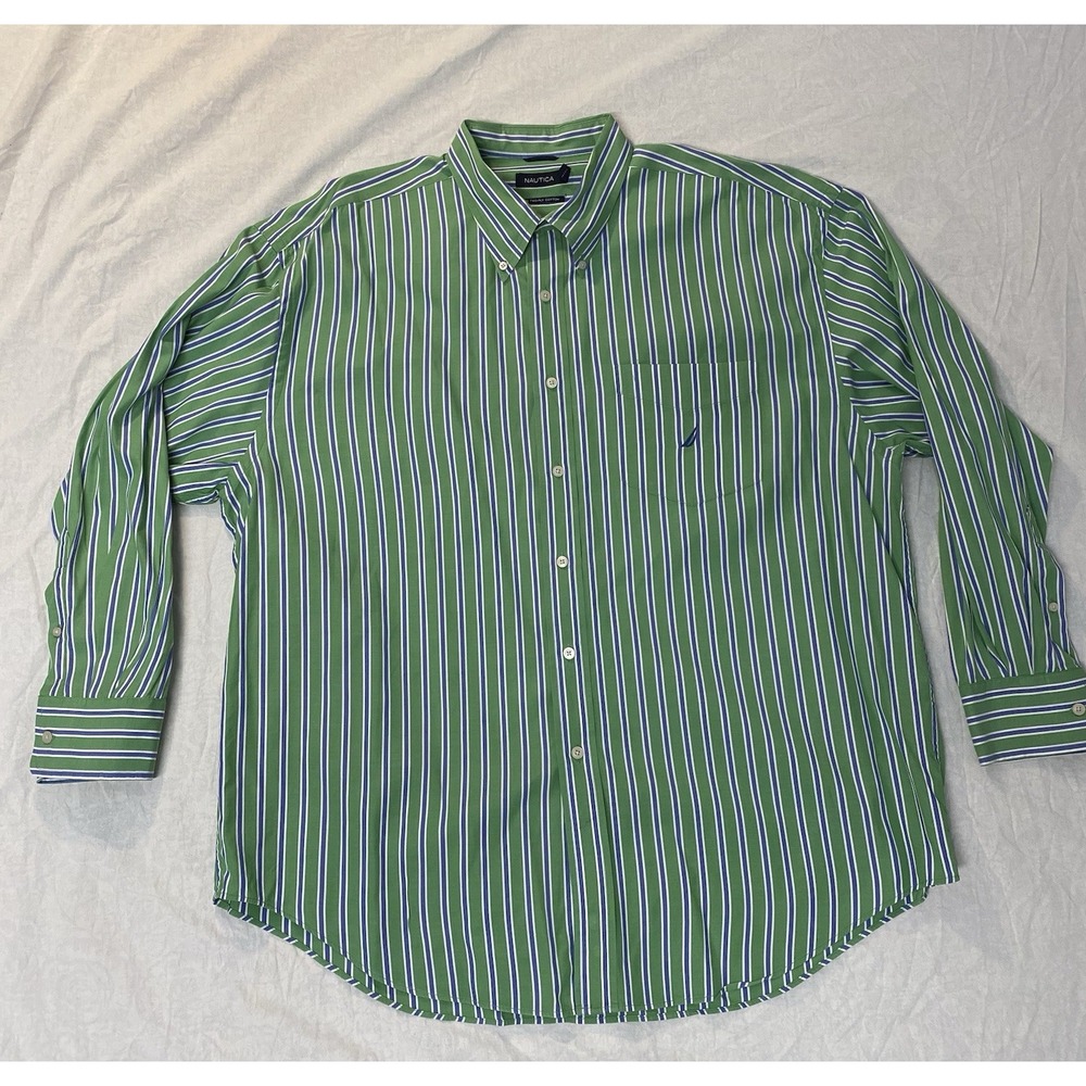 Nautica Mens XXL Green Blue Stripe Button Down Shirt 80s Two Ply Cotton Lng Slve